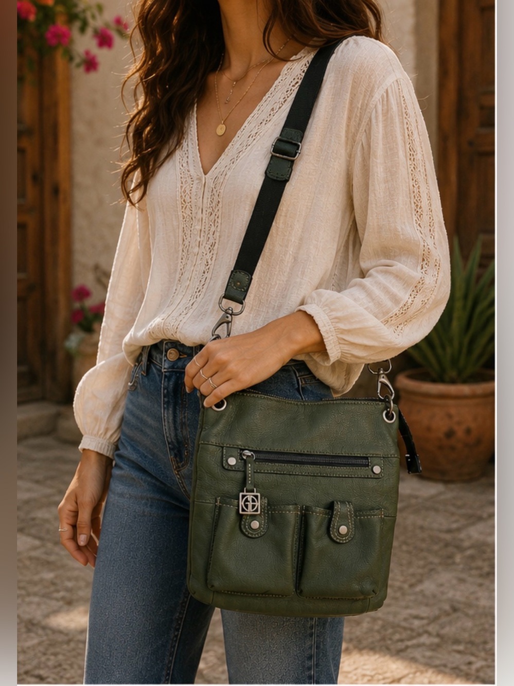 Olive Green Leather Crossbody Bag Adjustable Strap Everyday Purse
